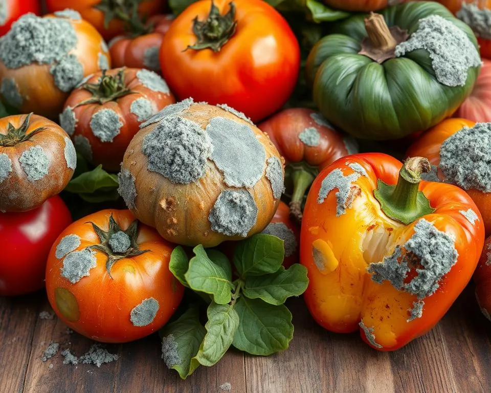Mouldy soft vegetables and fruits